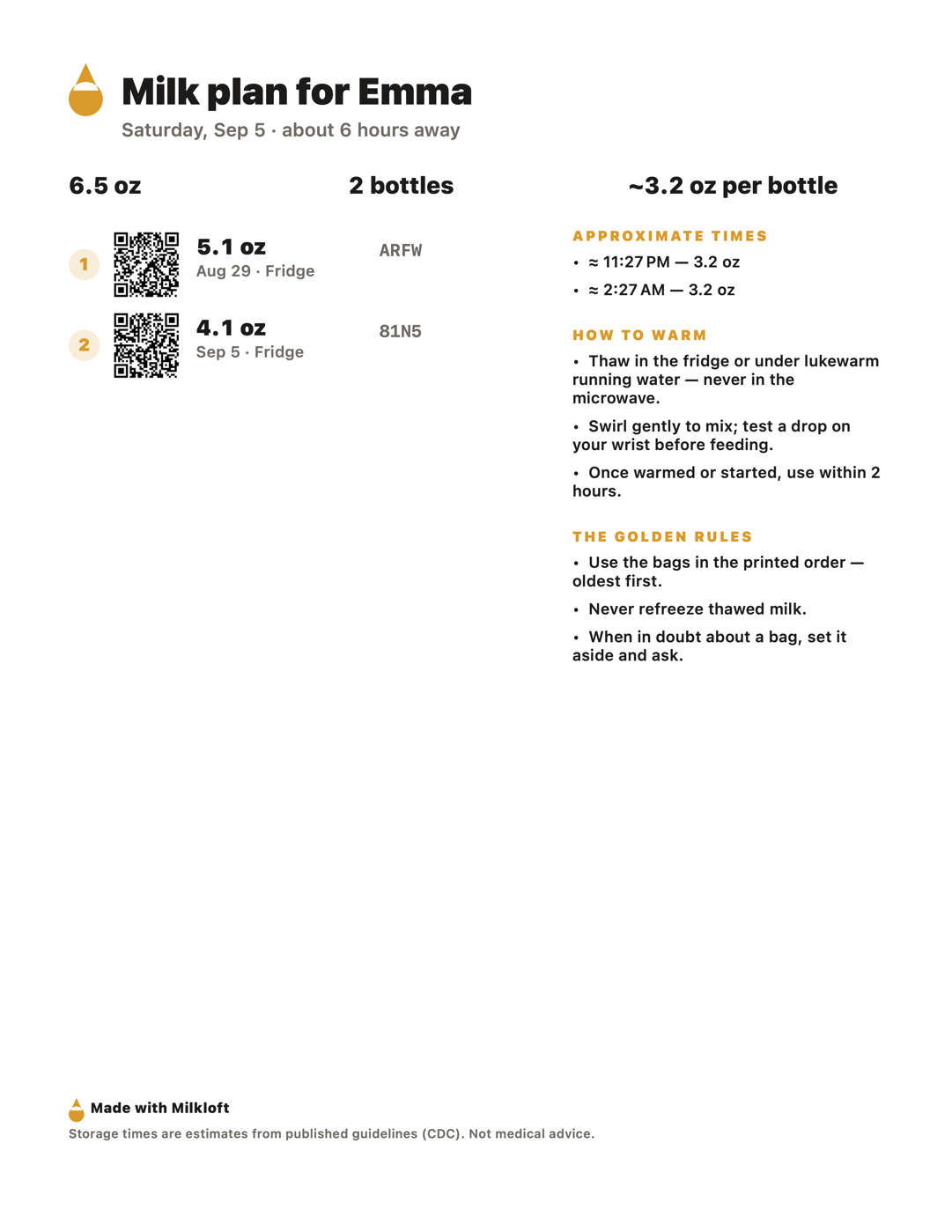 Milkloft caregiver sheet: bags in order with QR codes, times, and rules
