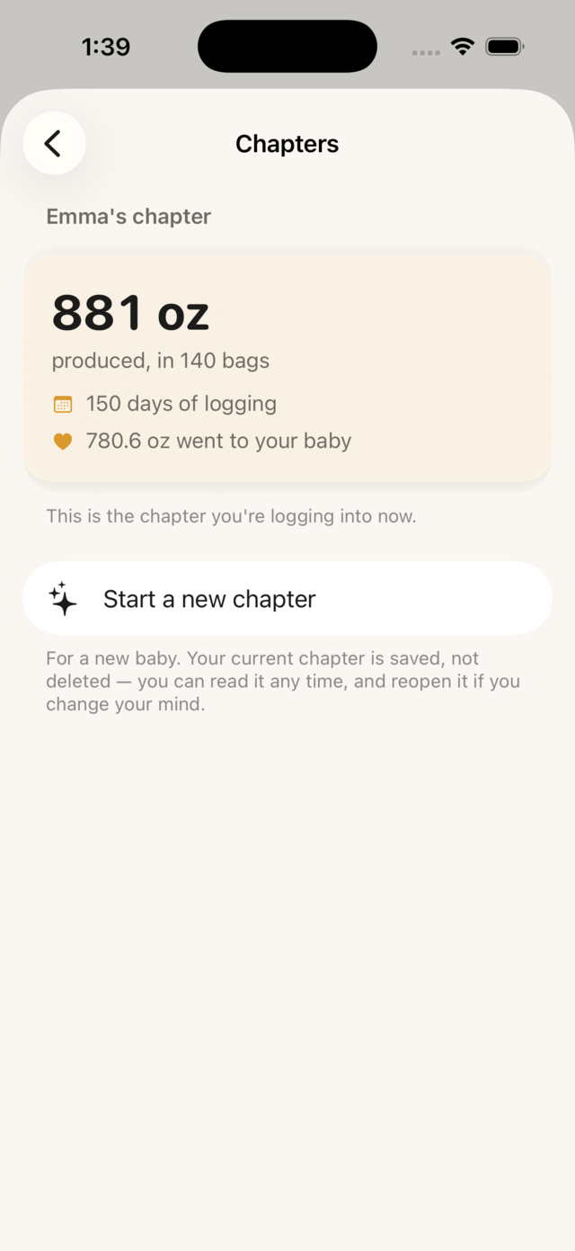 Milkloft Chapters: the current chapter’s totals — 881 oz produced in 140 bags — and the “Start a new chapter” button