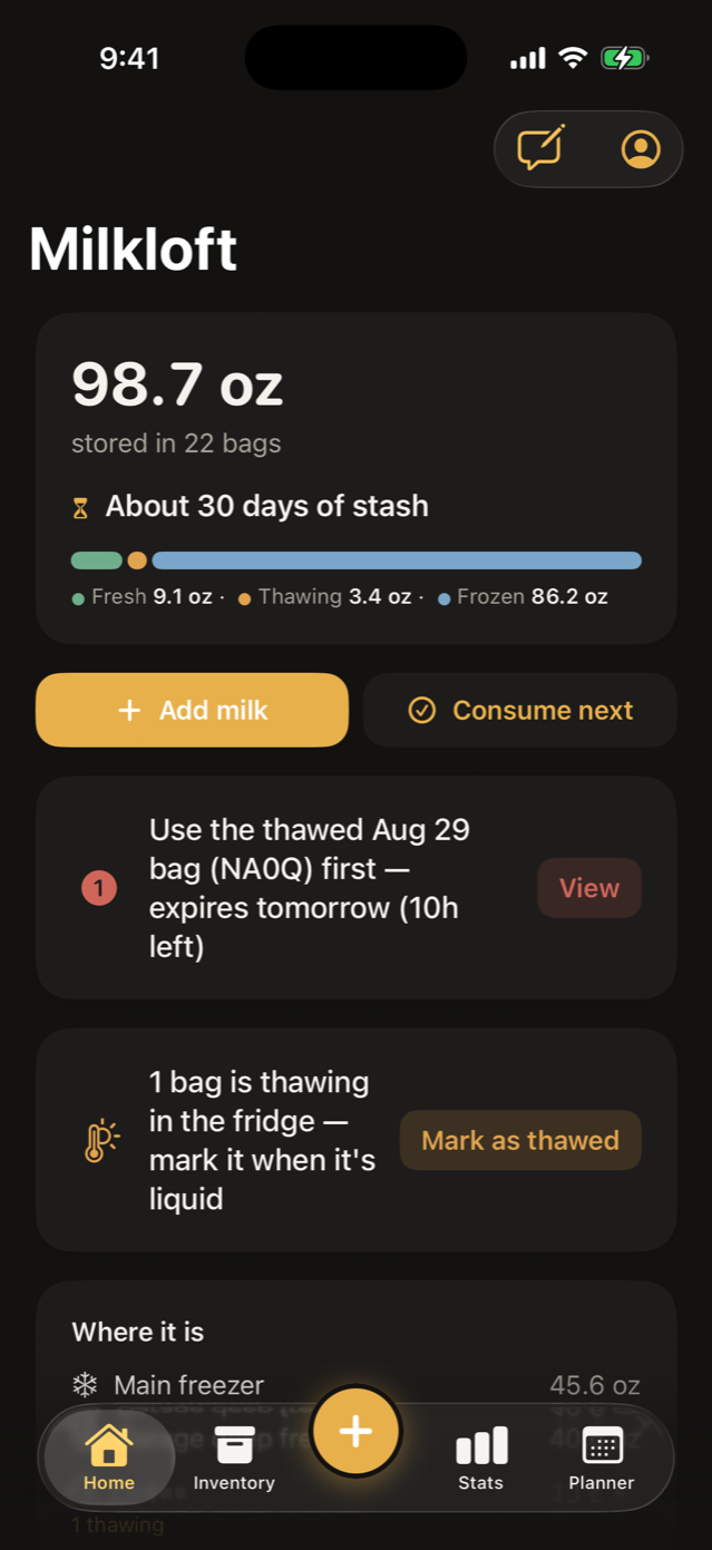 Milkloft home screen in dark mode
